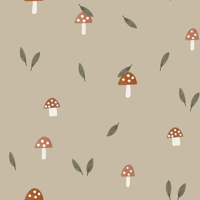Waterproof Fabric Printed Mushrooms Taupe Grey