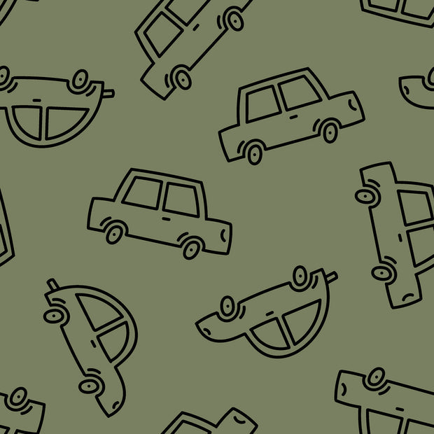 French Terry bedruckte Autos Dunkelgrün