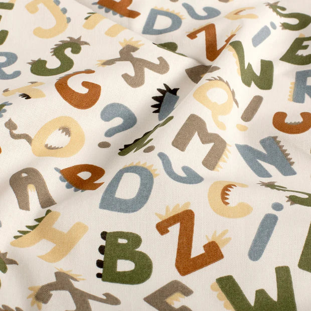 Baumwollpopeline, bedruckte Buchstaben, cremeweiß